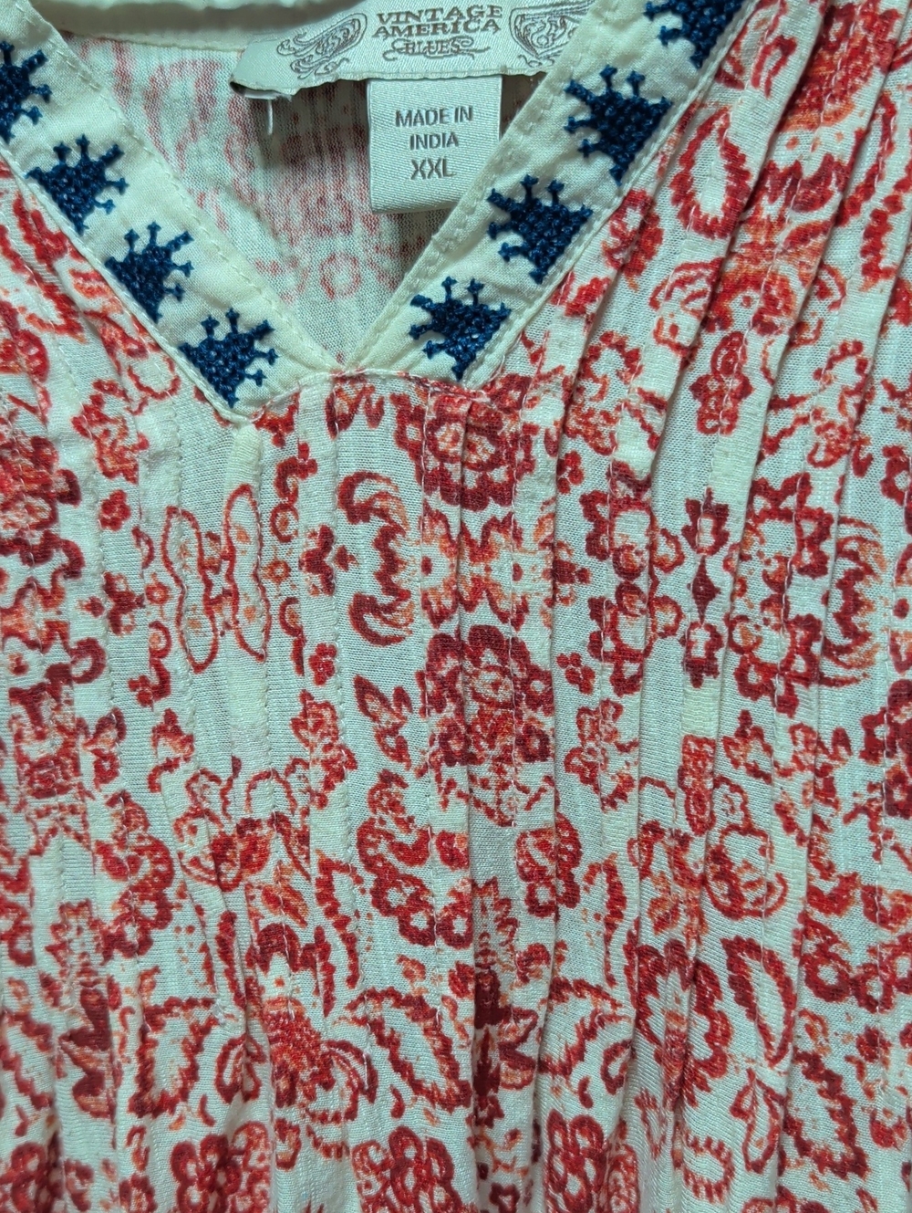 Vintage America Cream Boho Tunic with Red Floral Print and Navy Embroidered Trim